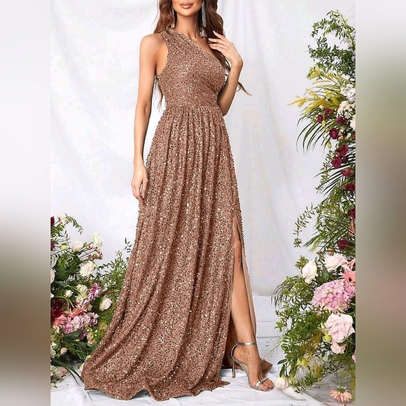 New Luxe Sequin Draped One Shoulder Split Leg Maxi Dress Gown Champagne Gold - Picture 6 of 9